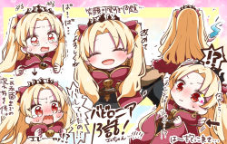 Rule 34 | !?, 1girl, :d, :i, ^ ^, arrow (symbol), black dress, blonde hair, blush, bow, cape, chibi, closed eyes, closed mouth, cropped torso, dress, earrings, ereshkigal (fate), facing away, facing viewer, fate/grand order, fate (series), hair bow, highres, infinity symbol, jako (jakoo21), jewelry, long hair, looking at viewer, multiple views, nose blush, open mouth, pout, red bow, red cape, red eyes, skull, smile, spine, spoken interrobang, star (symbol), sweat, tears, tiara, trembling, two side up, wavy mouth, white background