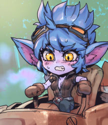 Rule 34 | 1girl, belt, blue hair, body fur, breasts, brown gloves, brown shirt, clenched teeth, colored skin, fang, genderswap, genderswap (mtf), gloves, goggles, goggles on head, league of legends, pants, phantom ix row, pointy ears, rumble (league of legends), shirt, short sleeves, sitting, small breasts, teeth, yellow eyes, yordle
