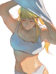 Rule 34 | 1girl, abs, arms up, blonde hair, bra, closed eyes, final fantasy, final fantasy xiv, lyse hext, muscular, muscular female, navel, panties, sei (seiryuuden), simple background, solo, sports bra, stomach, sweat, toned, underwear, undressing, white panties, white sports bra