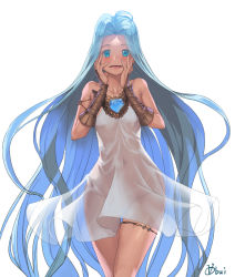 Rule 34 | 10s, 1girl, ahoge, bare shoulders, blue eyes, blue hair, blush, breasts, bridal gauntlets, granblue fantasy, hands on own cheeks, hands on own face, hip focus, long hair, lyria (granblue fantasy), navel, no bra, no panties, obui, pussy, see-through, small breasts, smile, solo, thigh gap, thighlet, thighs, uncensored, very long hair, yandere trance