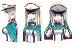 Rule 34 | 10s, 1girl, adapted costume, alternate costume, blonde hair, blush, breasts, buttons, cape, female focus, from side, gloves, graf zeppelin (kancolle), hair between eyes, hands on own cheeks, hands on own face, hat, jacket, kantai collection, large breasts, long hair, long sleeves, looking at viewer, looking away, looking to the side, multiple views, peaked cap, ruisento, sidelocks, simple background, twintails, uniform, upper body, white background, white gloves