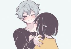 Rule 34 | 1boy, 1girl, black hair, black sweater, blush, couple, closed eyes, grey hair, hetero, jewelry, kiss, kissing neck, necklace, nihellie, nose blush, one eye closed, original, shirt, short hair, simple background, sweat, sweater, symbol-only commentary, twitter username, upper body, yellow shirt