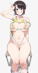 Rule 34 | alternate breast size, areola slip, armpits, bikini, black hair, blue eyes, blush, breasts, breasts apart, chamchami, clothes lift, clothes pull, curvy, dot nose, green bikini, grin, hand up, highres, hip bones, hololive, large areolae, large breasts, legs together, looking at viewer, micro bikini, on bench, oozora subaru, shirt lift, short hair, shorts, shorts pull, simple background, sitting, smile, steam, sweat, swimsuit, thigh gap, v, variant set, virtual youtuber, white background, wide hips