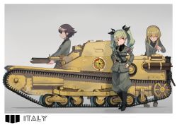 Rule 34 | 10s, 3girls, absurdres, anchovy (girls und panzer), belt, black hair, black shirt, blonde hair, blouse, boots, braid, brown eyes, carpaccio (girls und panzer), carro veloce cv-33, commentary, copyright name, dress shirt, drill hair, emblem, food, from side, girls und panzer, green hair, grey background, grey jacket, grey pants, grin, hair ribbon, hands on own hips, highres, holding, italy, jacket, katsudansou, knee boots, long hair, long sleeves, looking at another, military, military uniform, military vehicle, motor vehicle, multiple girls, necktie, pants, pants tucked in, pepperoni (girls und panzer), pizza, ribbon, shirt, short hair, side braid, smile, tank, twin drills, twintails, uniform, vehicle