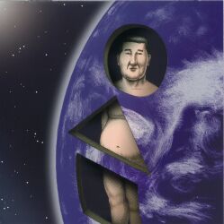 Rule 34 | 1boy, 88kasyo junrei, absurdres, album cover, black hair, circle, completely nude, cover, earth (planet), expressionless, fat, fat man, highres, looking at viewer, male focus, non-web source, nude, planet, scan, solo, space, square, surreal, taniguchi takashi, triangle