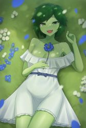 Rule 34 | 1girl, absurdres, bare shoulders, blue flower, blush, bow, breasts, cleavage, collarbone, colored skin, commission, day, dress, fangs, flower, from above, grass, green eyes, green skin, hand up, happy, highres, holding, holding flower, large breasts, looking at viewer, lying, mole, mole on breast, monster girl, open mouth, original, outdoors, plant girl, plant hair, shadow, smile, solo, sssiluva, vanu aureyama, white dress, white flower