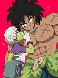 Rule 34 | 1boy, 1girl, :o, abs, arm at side, armor, bad id, bad twitter id, belt, black eyes, black hair, bodysuit, breasts, broly (dragon ball super), cheelai, clothes around waist, colored skin, covering own mouth, covering privates, cowboy shot, dark-skinned male, dark skin, dirty, dirty clothes, dirty face, dragon ball, dragon ball super, dragon ball super broly, expressionless, eyelashes, fanny pack, gloves, green skin, hand up, jewelry, leaning, leaning to the side, looking to the side, medium breasts, muscular, necklace, nipples, outsuki, parted lips, pink background, profile, purple bodysuit, purple eyes, scar, scar on chest, short hair, sideboob, simple background, spiked hair, standing, topless male, whispering, white gloves, white hair