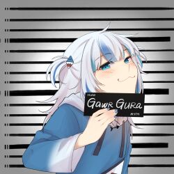 Rule 34 | 1girl, :3, barbie mugshot (meme), blue eyes, blue hair, blue hoodie, blue nails, blunt bangs, blush, character name, gawr gura, gawr gura (1st costume), grey hair, hair ornament, height chart, height mark, highres, holding, holding sign, hololive, hololive english, hood, hoodie, long hair, long sleeves, looking at viewer, medium hair, meme, mittsu, mugshot, multicolored hair, prison, prisoner, shark girl, shark hair ornament, sign, smile, streaked hair, twintails, two side up, upper body, virtual youtuber, wide sleeves