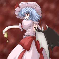 Rule 34 | 1girl, bat wings, blue hair, bococho, cup, drinking glass, female focus, red eyes, remilia scarlet, solo, touhou, wine glass, wings