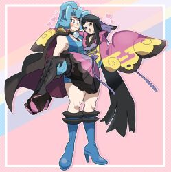 Rule 34 | 2girls, :d, absurdres, after kiss, black eyes, black hair, blue eyes, blue footwear, blue hair, blush, boots, border, cape, carrying, choker, clair (pokemon), creatures (company), game freak, gloves, heart, high heels, highres, holding, japanese clothes, jewelry, kimono, long hair, loveycloud, multiple girls, nintendo, notice lines, open mouth, pantyhose, pink background, pokemon, pokemon hgss, pokemon xy, ponytail, princess carry, smile, valerie (pokemon), white border, yuri