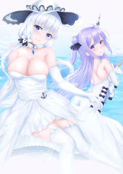Rule 34 | 2girls, azur lane, backless dress, backless outfit, bare shoulders, black ribbon, blue eyes, breasts, cloud, dress, elbow gloves, garter straps, gloves, hair ribbon, hat, highres, holding, holding toy, illustrious (azur lane), kcc (tanimahimeyuri), lace, lace-trimmed dress, lace-trimmed headwear, lace trim, large breasts, long hair, looking at viewer, looking to the side, multiple girls, ocean, purple eyes, purple hair, ribbon, see-through, see-through dress, skirt hold, sleeveless, sleeveless dress, solo, strapless, strapless dress, stuffed animal, stuffed toy, stuffed unicorn, sun hat, thighhighs, toy, tress ribbon, two-tone headwear, unicorn (azur lane), water, white dress, white gloves, white hair, white hat, white thighhighs