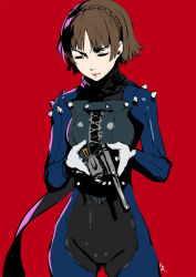 Rule 34 | 10s, 1girl, black scarf, bodysuit, braid, breasts, brown hair, closed eyes, club3, commentary, crown braid, gloves, gun, handgun, highres, holding, holding gun, holding weapon, legs apart, medium breasts, niijima makoto, persona, persona 5, red background, reloading, revolver, scarf, shiny clothes, short hair, simple background, solo, spikes, standing, weapon, white gloves