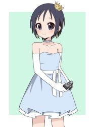 Rule 34 | 1girl, bare legs, bare shoulders, blue background, blue eyes, blue hair, blush, camera, choker, closed mouth, collarbone, crown, dot nose, dress, earrings, female focus, gloves, highres, holding, holding camera, jewelry, kurosaki honoka, looking at viewer, medium hair, paka, simple background, smile, solo, standing, yama no susume