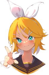 Rule 34 | 1girl, absurdres, black sailor collar, blue eyes, blush, bow, bright pupils, closed mouth, cropped torso, flipped hair, hair bow, hair ornament, hairclip, highres, kagamine rin, long sleeves, looking at viewer, medium hair, nail polish, rasusurasu, revision, sailor collar, simple background, smile, solo, swept bangs, upper body, v, vocaloid, white background, white bow, yellow nails