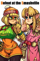 Rule 34 | 2girls, absurdres, arms (game), blonde hair, blue eyes, domino mask, dress, green eyes, highres, long hair, mask, min min (arms), multiple girls, nintendo, onua tf, orange shorts, pink dress, pointing, pointing up, pointy ears, princess zelda, short hair, shorts, side-by-side, super smash bros., the legend of zelda, the legend of zelda: a link between worlds