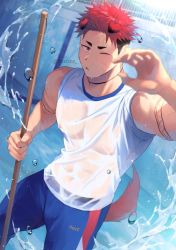 Rule 34 | 1boy, abs, animal ears, arm tattoo, artist name, biceps, black hair, broom, fence, hao (haozz), iron fence, male focus, multicolored hair, muscular, muscular male, nipples, one eye closed, open mouth, original, outdoors, pants, pectorals, pool, red eyes, red hair, see-through, see-through shirt, shirt, short sleeves, solo, spiked hair, t-shirt, tail, tattoo, twitter username, water, water drop