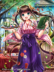Rule 34 | :d, aqua eyes, blue bow, blue hakama, bow, bracelet, building, cup, dango, day, dessert, floral print, food, glint, hair ornament, hakama, hakama skirt, hobak, holding, holding tray, japanese clothes, jewelry, lantern, leaf, long hair, looking at viewer, menu, official art, open mouth, outdoors, paper lantern, plate, skirt, smile, solo, striped, tea, tenka touitsu chronicle, tray, tree, twintails, wagashi, wide sleeves