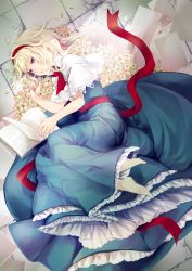 Rule 34 | 1girl, alice margatroid, blonde hair, blue eyes, book, capelet, dress, feet, flower, hairband, highres, lying, no shoes, on side, revision, rimu (kingyo origin), short hair, socks, solo, touhou