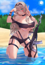 Rule 34 | 1girl, alternate breast size, an-94, an-94 (girls&#039; frontline), aqua eyes, assault rifle, bare shoulders, bikini, black bikini, black choker, black hairband, blonde hair, blush, breasts, choker, cleavage, closed mouth, collarbone, facial mark, full body, girls&#039; frontline, gun, hair between eyes, hairband, heart, heart facial mark, heart tattoo, highres, huge breasts, kneeling, legs, long hair, looking at viewer, nail polish, navel, on water, paw pose, pink nails, popoman, rifle, sand, sling (weapon), solo, swimsuit, tattoo, thighs, v, water, weapon
