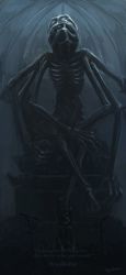 Rule 34 | absurdres, amygdala (bloodborne), artist name, bloodborne, cage, chair, commentary, crossed legs, eldritch abomination, english text, extra arms, grey theme, highres, monster, no humans, sitting, tripdancer