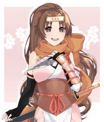 Rule 34 | 1girl, brown eyes, brown hair, fire emblem, fire emblem: mystery of the emblem, hannreina, highres, kunai, linde (fire emblem), looking at viewer, ninja, nintendo, open mouth, ponytail, scarf, smile, solo, weapon