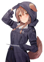 Rule 34 | 1girl, :3, absurdres, alternate costume, animal ears, assassin&#039;s creed (series), black gloves, black jacket, blush, braid, breasts, brown hair, closed mouth, commentary, concealed weapon, cowboy shot, dagger, dog ears, dog girl, dog tail, gloves, hair between eyes, hana mori, highres, holding, holding dagger, holding knife, holding weapon, hololive, hood, hooded jacket, inugami korone, jacket, knife, long sleeves, looking at viewer, medium breasts, medium hair, red eyes, side braids, simple background, smile, solo, tail, twin braids, virtual youtuber, weapon, white background