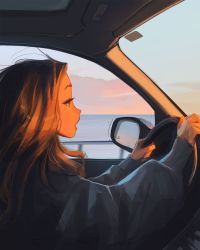 Rule 34 | 1girl, brown hair, car, day, driving, hands up, highres, indoors, lips, long hair, long sleeves, looking afar, motor vehicle, open mouth, profile, sam yang
