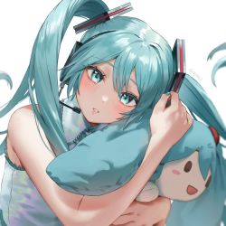Rule 34 | 1girl, :d, ay6as, bare shoulders, blue eyes, blue hair, blue nails, blurry, blush, blush stickers, collared shirt, commentary, hair between eyes, hatsune miku, headset, looking at viewer, nail polish, hugging object, open mouth, parted lips, shirt, simple background, sleeveless, sleeveless shirt, smile, solid oval eyes, solo, stuffed toy, twintails, twitter username, upper body, vocaloid, white background, white shirt