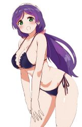 Rule 34 | 1girl, bikini, breasts, cleavage, green eyes, hands on legs, hands on own legs, hands on own thighs, hands on thighs, highres, kurokawa makoto, large breasts, legs, looking at viewer, love live!, love live! school idol project, low twintails, navel, open mouth, purple bikini, purple hair, resized, smile, solo, swimsuit, thighs, third-party edit, tojo nozomi, twintails, upscaled