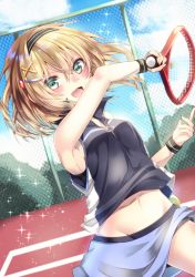 Rule 34 | 1girl, :d, aqua eyes, armpits, bad id, bad pixiv id, blonde hair, blue sky, blush, chain-link fence, clothes lift, cloud, cloudy sky, day, dutch angle, fence, groin, hair between eyes, hair ornament, hairband, hairclip, highres, holding, looking at viewer, midriff, moe2017, navel, open mouth, original, outdoors, racket, shirt, shirt lift, short hair, skirt, sky, sleeveless, sleeveless shirt, smile, solo, sparkle, tennis, tennis racket, wristband, x hair ornament, yuihira asu