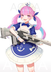 Rule 34 | +) (liu997139467), 1girl, ahoge, anchor symbol, blue hair, braid, breasts, character name, cleavage, colored inner hair, drill hair, energy gun, gun, hair ribbon, highres, holding, holding gun, holding weapon, hololive, laser rifle, long hair, looking at viewer, maid headdress, medium breasts, minato aqua, minato aqua (1st costume), multicolored hair, open mouth, pink hair, purple eyes, ribbon, smile, solo, standing, trigger discipline, twin drills, twintails, virtual youtuber, weapon, white background