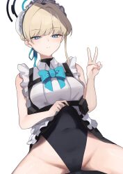 Rule 34 | 1girl, apron, asashin (asn), bare shoulders, black dress, black leotard, blonde hair, blue archive, blue eyes, blue ribbon, blush, bow, bowtie, braid, breasts, bun cover, chest harness, covered navel, dress, earpiece, french braid, hair bun, hair ribbon, halo, harness, highres, leotard, leotard under clothes, looking at viewer, maid headdress, pouch, ribbon, short dress, short hair, single hair bun, sleeveless, sleeveless dress, small breasts, solo, thighs, toki (blue archive), v, white apron