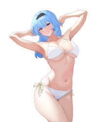 Rule 34 | 1girl, absurdres, armpits, arms up, bare arms, bare shoulders, bikini, black hairband, blue hair, cowboy shot, eula (genshin impact), genshin impact, groin, hairband, highres, long hair, looking at viewer, navel, qije, side-tie bikini bottom, simple background, smile, solo, standing, stomach, swimsuit, thighs, white background, white bikini