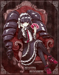 Rule 34 | 10s, 1girl, arm support, black hair, black pantyhose, bonnet, card, celestia ludenberg, chair, character name, crossed legs, danganronpa: trigger happy havoc, danganronpa (series), dress, drill hair, english text, frills, gothic lolita, grin, hairband, jacket, jewelry, lolita fashion, lolita hairband, long hair, mary janes, nail polish, necktie, pantyhose, playing card, red eyes, ribbon, ring, shoes, sitting, smile, solo, tasuku (bixbite), throne, twin drills, twintails, very long hair