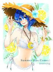 Rule 34 | 1girl, blue eyes, blue hair, breasts, cleavage, crescent, flower, hat, highres, long hair, looking at viewer, medium breasts, navel, open mouth, pointy ears, ponyo soa, rena lanford, smile, solo, star ocean, star ocean the second story, swimsuit