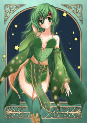 Rule 34 | 1990s (style), 1girl, breasts, cleavage, detached sleeves, female focus, final fantasy, final fantasy iv, green eyes, green hair, hair ornament, legs, matching hair/eyes, rydia (ff4), solo, thighhighs, thighs, yukiwo