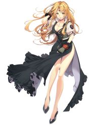 Rule 34 | 1girl, absurdres, bare legs, black dress, black footwear, blonde hair, breasts, cleavage, closed mouth, dress, full body, gloves, high heels, highres, jacket, jewelry, kakko madoka, large breasts, legs, lips, long hair, looking at viewer, necklace, opera vectra, parted bangs, simple background, smile, solo, standing, star ocean, star ocean the second story, third eye, white background, yellow eyes