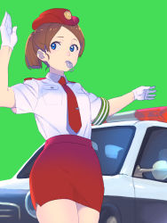 Rule 34 | 1girl, blue eyes, breast pocket, brown hair, car, enkyo yuuichirou, female service cap, gloves, green background, hat, highres, hisho collection, looking to the side, motor vehicle, mouth hold, necktie, original, parted bangs, pencil skirt, pocket, police, police car, police uniform, policewoman, ponytail, red at, red hat, red necktie, red skirt, shirt, short hair, simple background, skirt, solo, uniform, whistle, white gloves, white shirt