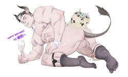 Rule 34 | 1boy, absurdres, animal ears, ass, bara, blush, borrowed character, bow, bowtie, cake, candle, cow boy, cow ears, cow horns, cow tail, cum, cum pool, cumdrip, cup, drinking glass, food, gift art, happy birthday, highres, horns, kneehighs, large pectorals, looking at viewer, male focus, muscular, muscular male, nipple piercing, nipple rings, nipples, nude, original, pectorals, penis, piercing, presenting, short hair, sideburns, legwear garter, socks, solo, tail, thick thighs, thighs, veins, veiny penis, wine glass, yangtuokawayi, yaoi