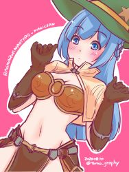 Rule 34 | 1girl, bikini, bikini top only, blue eyes, blue hair, blush, breasts, brown bikini, brown capelet, brown gloves, brown skirt, capelet, cleavage, closed mouth, commentary request, cowboy shot, dated, dutch angle, gloves, green hat, hat, long hair, mage (ragnarok online), medium breasts, midriff, navel, pelvic curtain, ragnarok masters, ragnarok online, showgirl skirt, skirt, solo, swimsuit, tomo-graphy, twitter username, witch hat