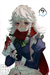 Rule 34 | 1girl, ?, blood, blood on clothes, blue eyes, blush, braid, chromatic aberration, cleaning, highres, izayoi sakuya, looking at viewer, maid headdress, mochacot, parted lips, scarf, silver hair, simple background, solo, spoken question mark, touhou, twin braids, upper body, white background