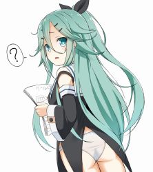 Rule 34 | 1girl, blush, bow, dress, green eyes, green hair, hair bow, hair ornament, highres, kantai collection, long hair, looking at viewer, no pants, one-hour drawing challenge, open mouth, panties, school uniform, simple background, soba (sobaya1938), solo, twitter username, underwear, very long hair, white background, white panties, yamakaze (kancolle)