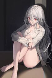 Rule 34 | 1girl, absurdres, blush, breasts, cleavage, collared shirt, hair between eyes, highres, large breasts, lillly, long hair, long sleeves, looking at viewer, original, red eyes, shirt, shorts, solo, tears, thighs, white hair