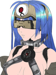 Rule 34 | 1girl, android, blue hair, breasts, cleavage, closed mouth, commentary request, cyborg, forehead protector, head-mounted display, kos-mos, kos-mos (archetype), long hair, simple background, solo, virtues, white background, xenosaga, xenosaga episode i