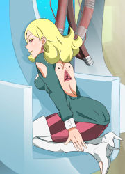 Rule 34 | 1girl, ass, blonde hair, boots, boruto: naruto next generations, boruto: naruto the movie, closed mouth, delta (boruto), earrings, female focus, from behind, highres, hiropon (hjxp2347), jewelry, lips, lipstick, long hair, looking at viewer, looking back, makeup, naruto, naruto (series), pantyhose, red eyes, smile, solo, thigh boots, thighhighs, white footwear