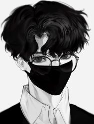 Rule 34 | 1boy, covered mouth, eyelashes, glasses, greyscale, hanes 025, highres, korean commentary, looking at viewer, mask, monochrome, mouth mask, original, portrait, round eyewear, short hair, simple background, solo