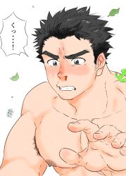 Rule 34 | 1boy, armpit hair, armpit hair peek, aroused nosebleed, bad id, bad twitter id, bara, blush, facial hair, falling leaves, fugur6 fugur9, highres, leaf, male focus, muscular, muscular male, nipples, nude, original, outstretched hand, short hair, sideburns stubble, solo, stubble, sweat, thick eyebrows, translation request, upper body, very sweaty