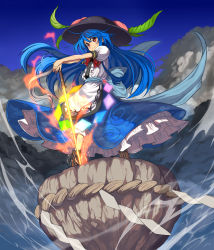 Rule 34 | 1girl, apron, back bow, black hat, blue bow, blue hair, blue skirt, boots, bow, bowtie, brown footwear, center frills, cloud, commentary request, flaming sword, flaming weapon, food, frills, fruit, hat, hat ornament, highres, hinanawi tenshi, keystone, long hair, looking at viewer, outstretched arms, peach, planted, planted sword, planted weapon, red bow, red bowtie, red eyes, shide, skirt, smile, solo, standing, sword, sword of hisou, syope, touhou, waist apron, weapon, wind