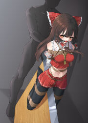 Rule 34 | 1girl, absurdres, ball gag, bdsm, black pantyhose, bondage, bound, bow, breasts, brown hair, detached sleeves, gag, hair bow, hakurei reimu, highres, long hair, medium breasts, midriff, miniskirt, navel, nontraditional miko, pantyhose, pussy juice, pussy juice stain, red bow, red shirt, red skirt, shibari, shibari over clothes, shirt, skirt, touhou, wooden horse, xiongmao, yellow eyes