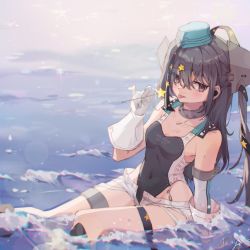 Rule 34 | 1girl, aqua hat, black one-piece swimsuit, black ribbon, breasts, candy, collarbone, competition swimsuit, covered navel, food, garrison cap, gloves, grey hair, hair ornament, hair ribbon, hat, highleg, highleg swimsuit, highres, holding, holding candy, holding food, kantai collection, long hair, mochizuki inochi, one-piece swimsuit, purple eyes, ribbon, scamp (kancolle), short shorts, shorts, side ponytail, sitting, small breasts, solo, star (symbol), star hair ornament, swimsuit, white gloves, white shorts